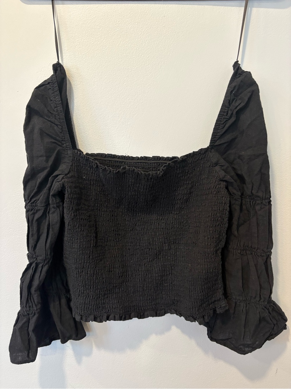 Aqua Black Smocked Puff-Sleeve Crop Top